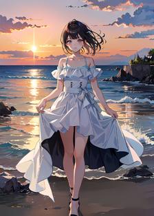 夕阳下海边的白色连衣裙少女插画图片壁纸