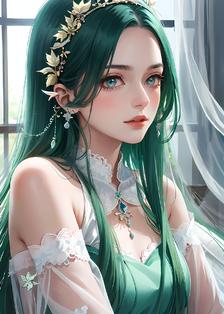 葱绿宝石窗前望，柔长袖随风舞。少女低眉含羞笑，华裳珠饰绿影梳。插画图片壁纸