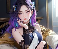 彩色发丝的女孩坐在那儿，耳环和发饰搭配着紫色的发丝，手托着自己的脸庞，迷人的裸露肩膀上还点缀着珠宝，这张画面像一朵绝美的花儿，赢得人们的注目。