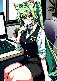 绿色蓬松耳朵的萌妹子坐在办公室，总有一种“猫儿花草”的感觉。插画图片壁纸