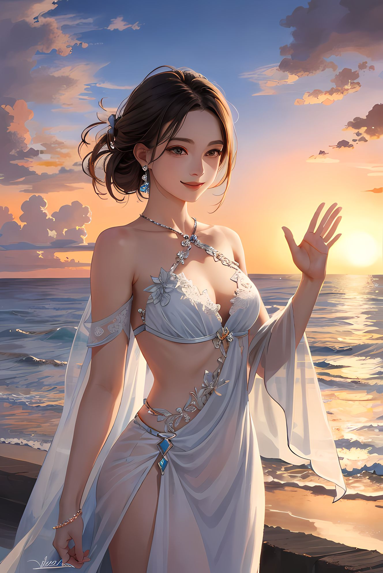 山海之间，落日满红，独自享受温馨黄昏。插画图片壁纸
