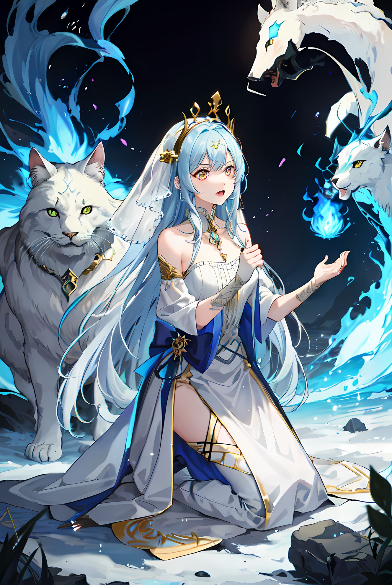龙猫女孩戴项链，蓝色长发穿着裙子跪在水边，她的黄色眼睛中透着动物的气息，身后凝聚出一只火红的狼和一只蓝色龙，美轮美奂的画面。