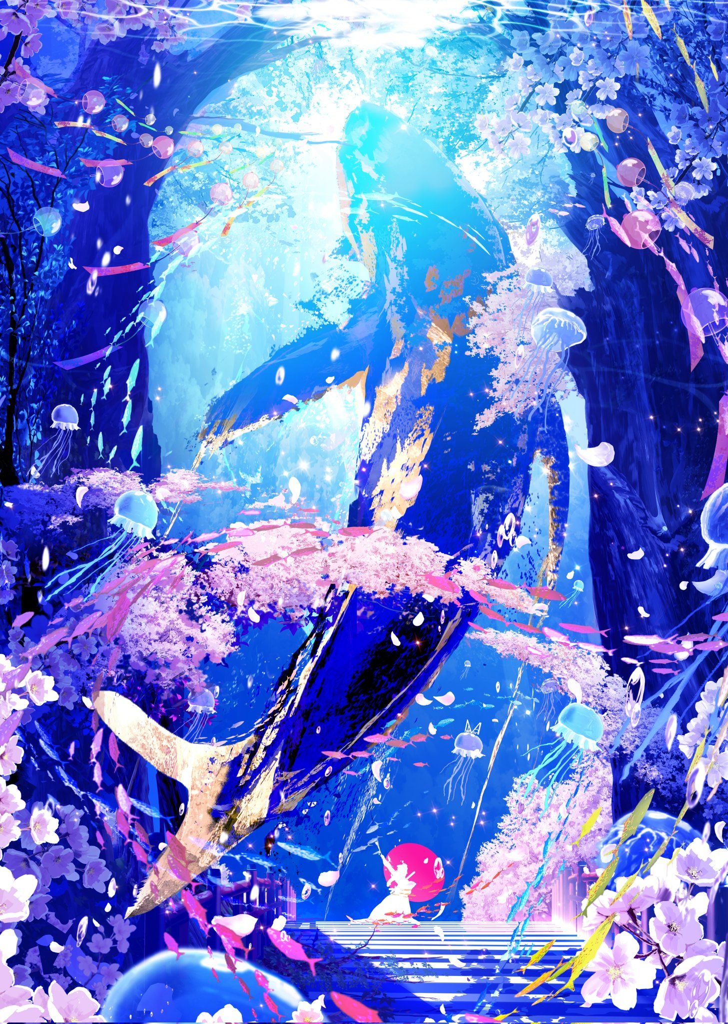 樱花瀑布-青阳-插画图片壁纸