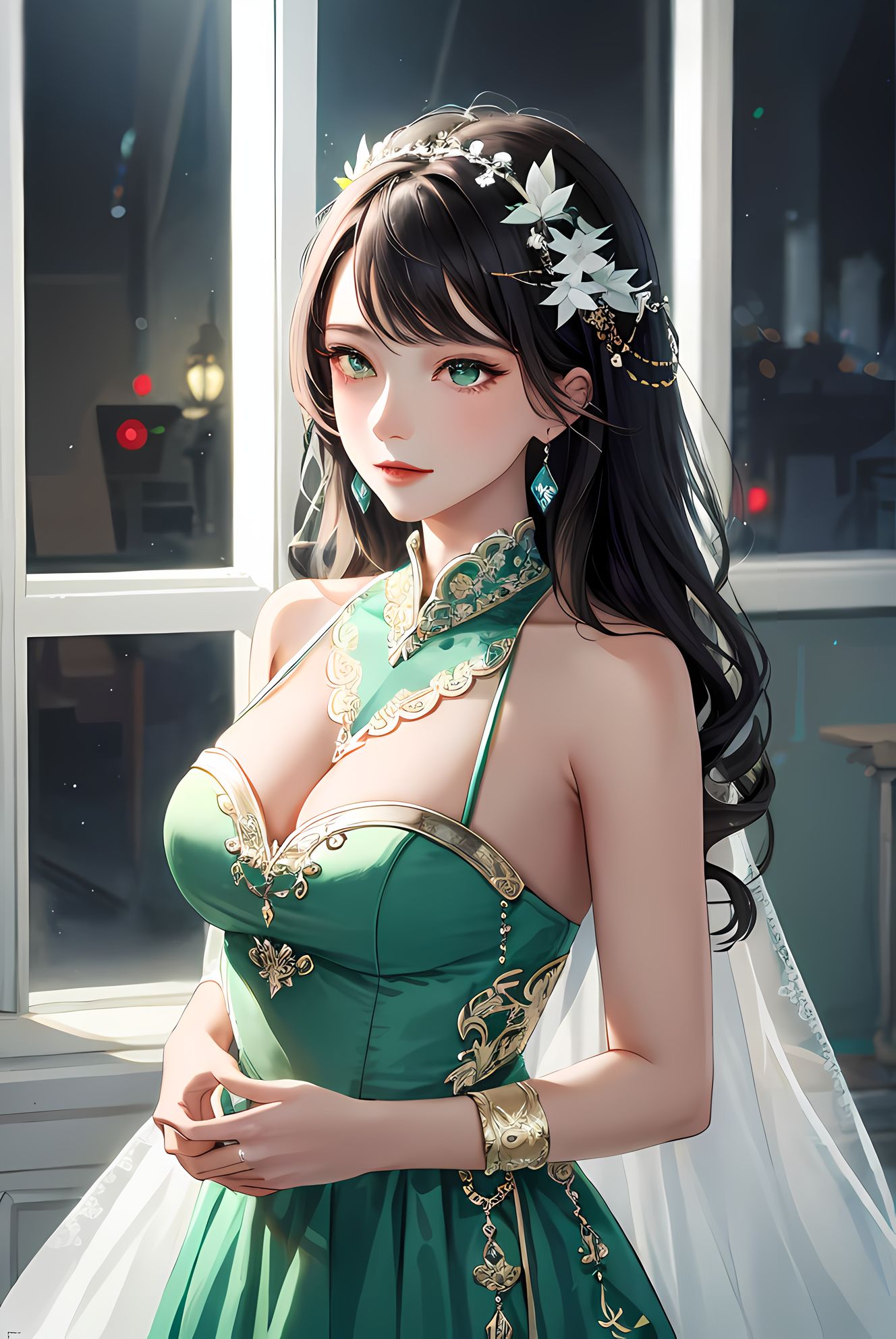 二次元美少女秀绿裙巧戴饰 娇盈胸前随风飞舞插画图片壁纸
