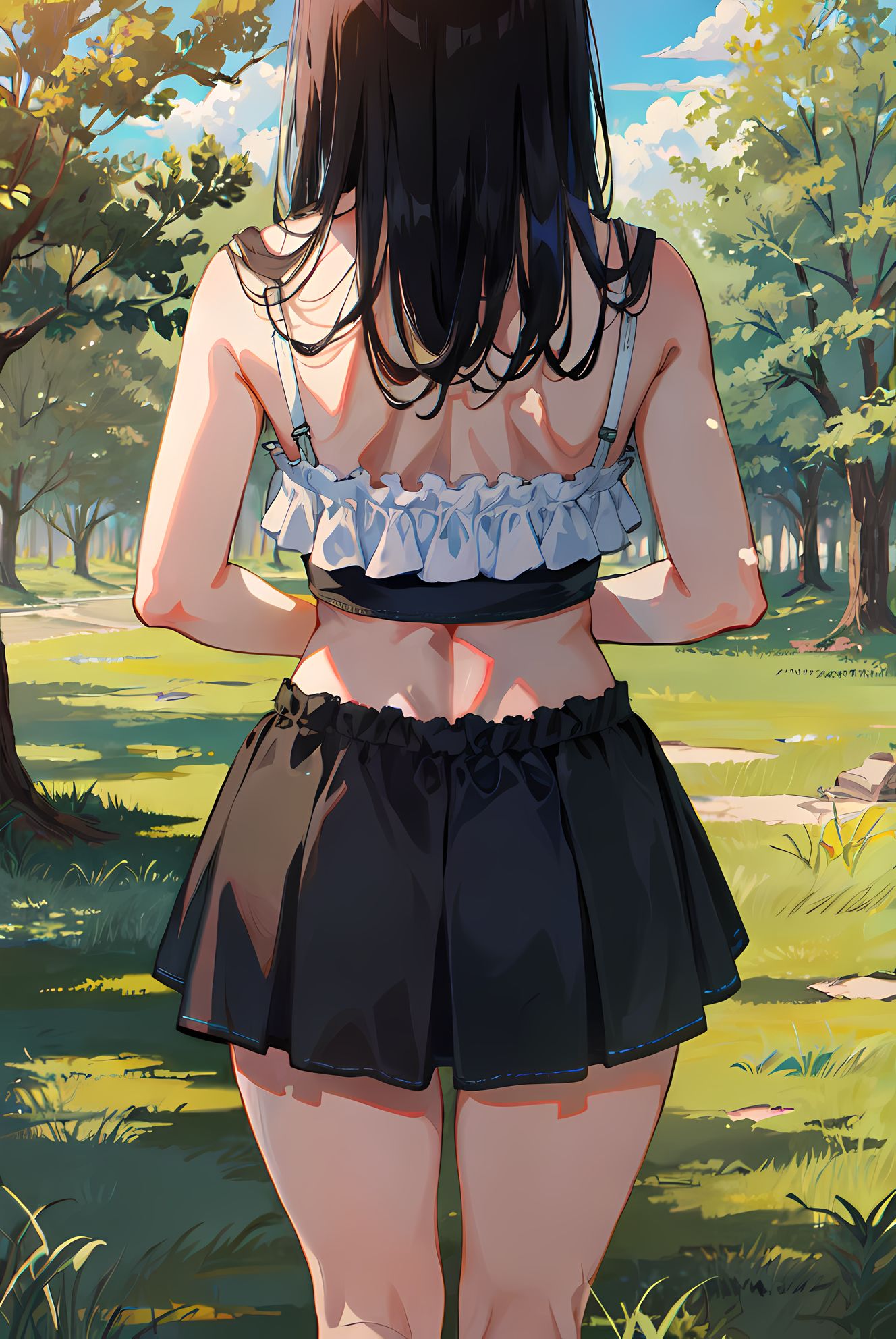 树草天空，长发少女背影下的露臂黑裙与秋叶氤氲间。