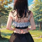 树草天空，长发少女背影下的露臂黑裙与秋叶氤氲间。
