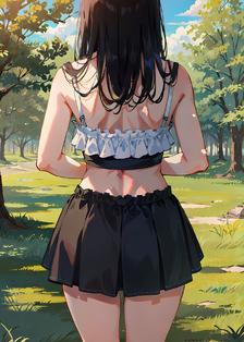 树草天空，长发少女背影下的露臂黑裙与秋叶氤氲间。插画图片壁纸