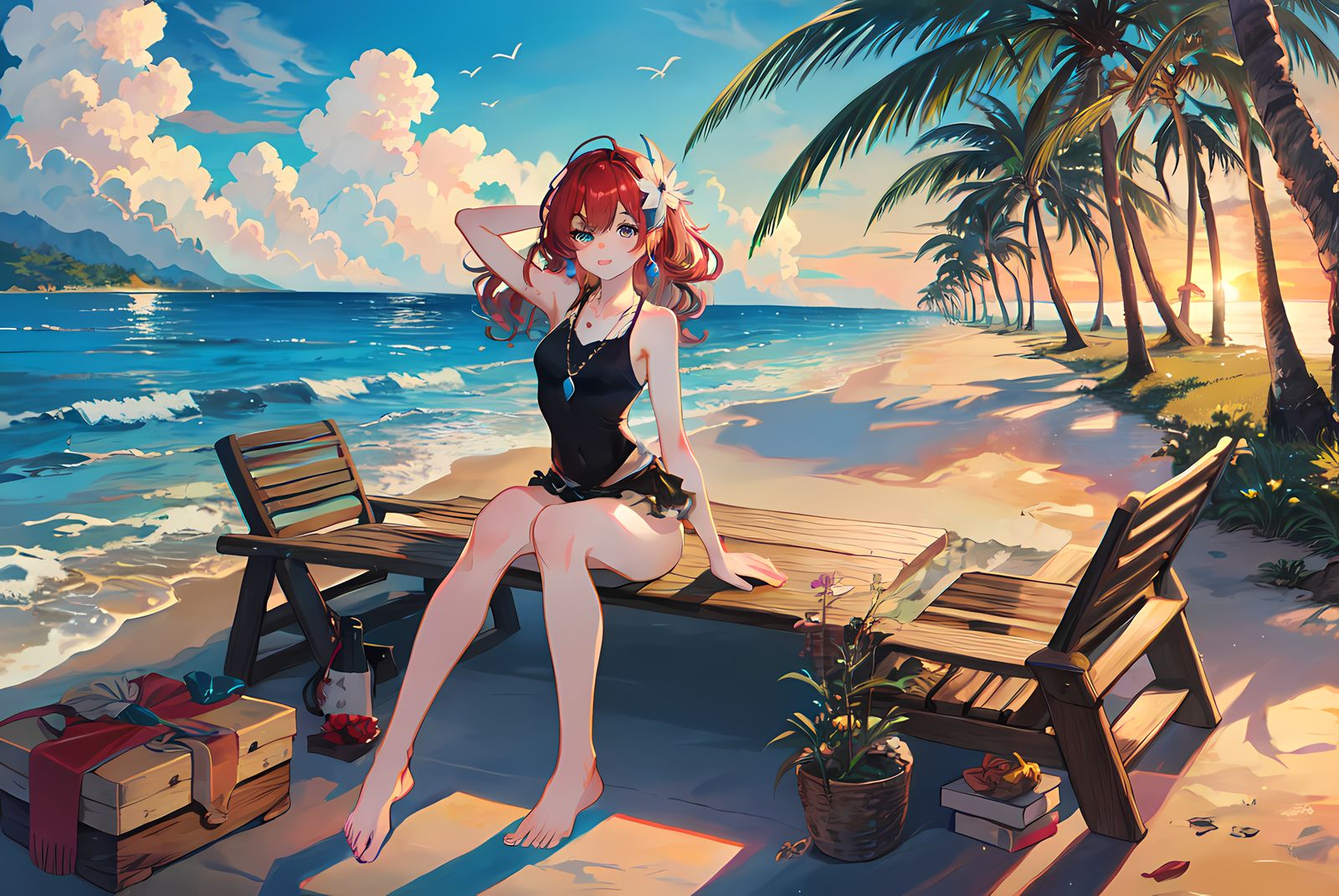 红发少女徜徉于海滩上，独享海天的美景与自然。