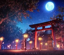 夜樱与神社-风景背景