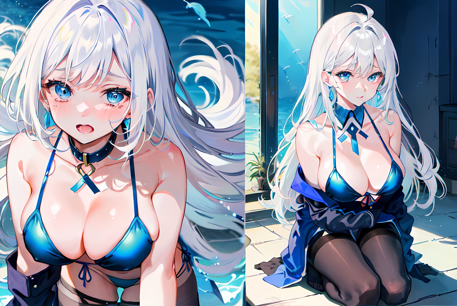 蓝眼泳装美女插画图片壁纸