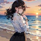 夕阳余晖倾泻海滩，少女湿身迎风拍打浪涛。