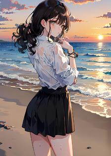 夕阳余晖倾泻海滩，少女湿身迎风拍打浪涛。插画图片壁纸