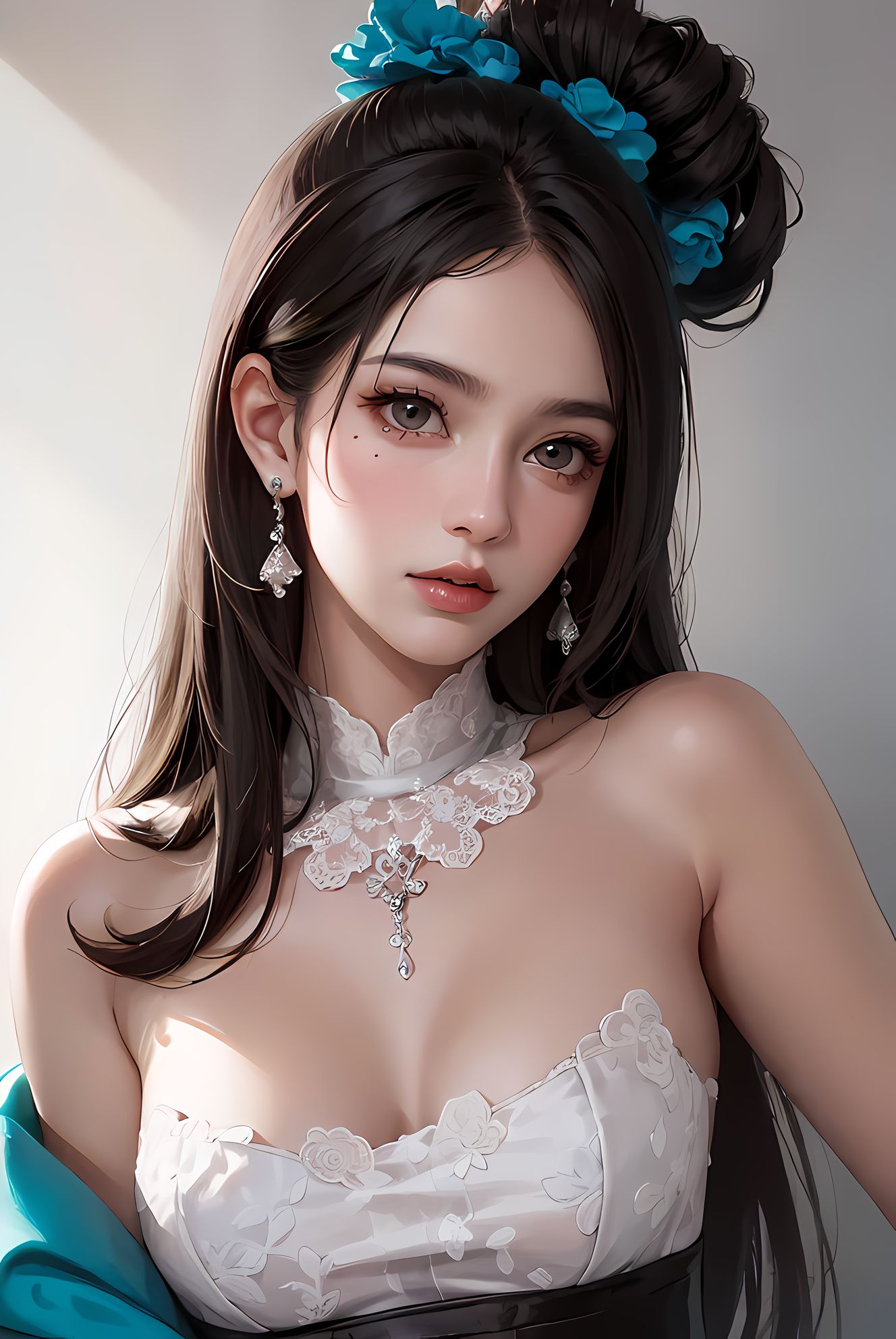 蓝色发圈，少女妆容，纯黑秀发，惊艳视界。插画图片壁纸
