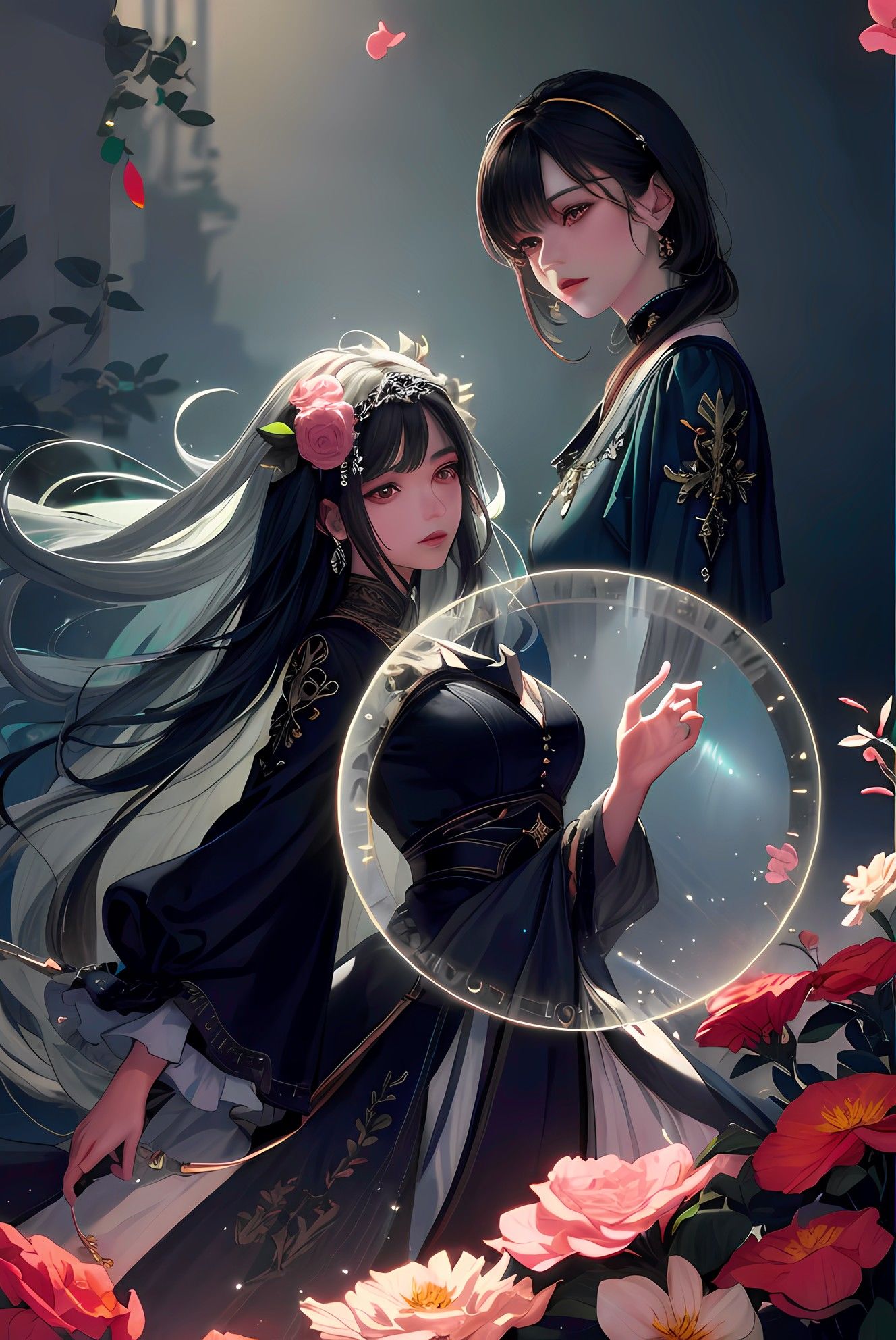 红花与黑发——二次元花式美女们（暗黑系1）插画图片壁纸