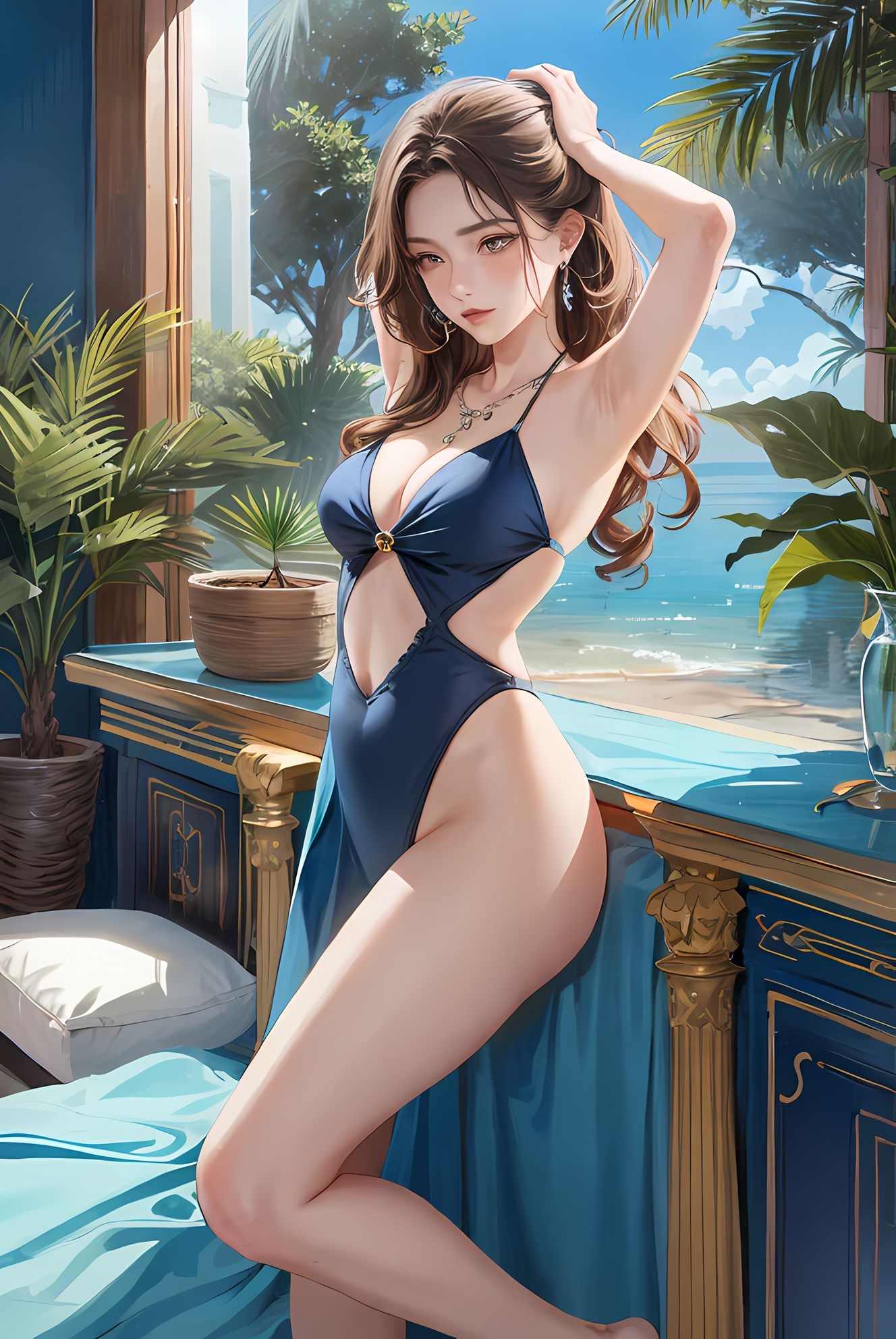 二次元美少女沙滩上的风情。插画图片壁纸