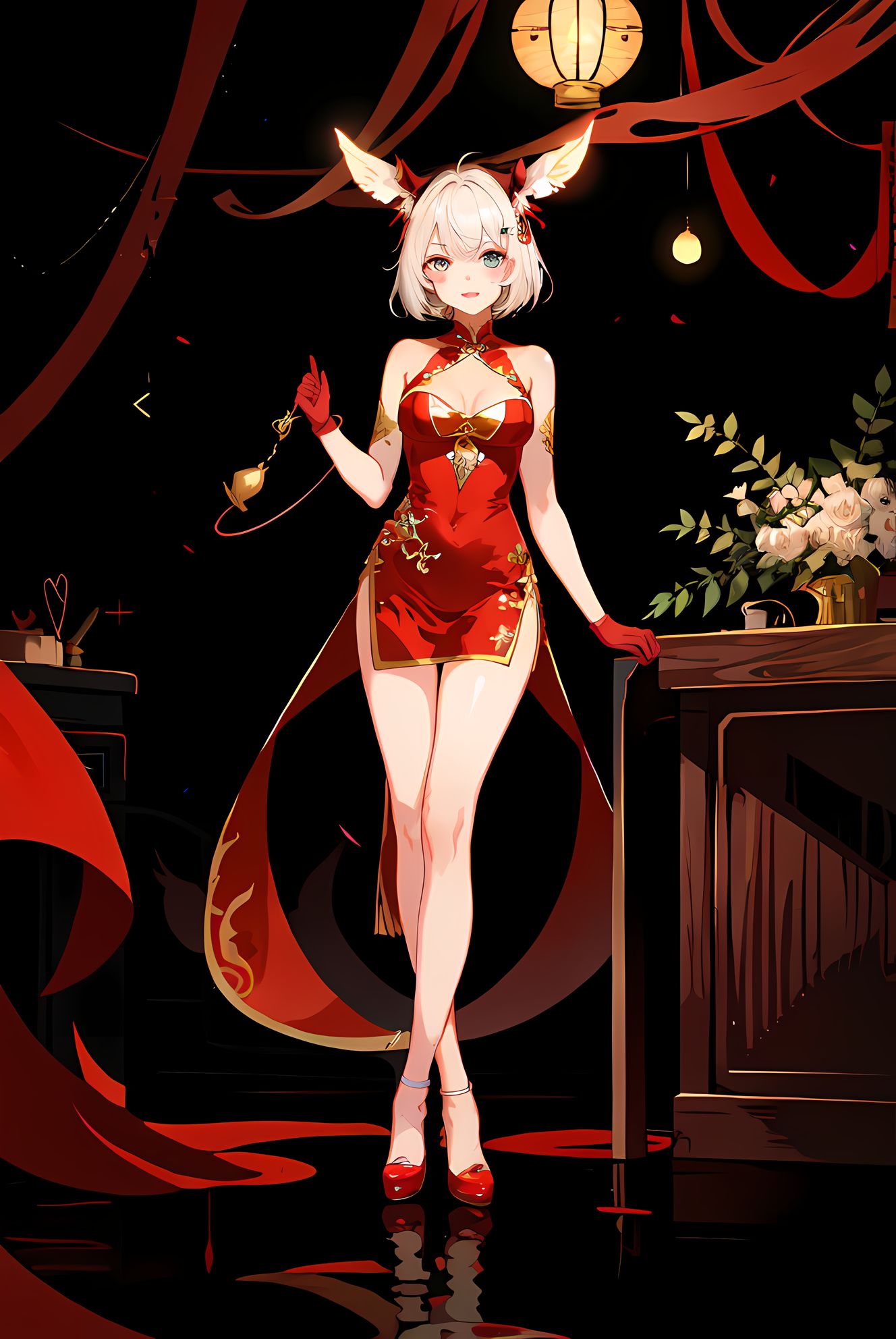 红裙短发女孩，点灯微笑；高跟鞋手套，动物耳朵，展露迷人肌肤。