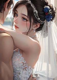 蓝色的嫁衣和新娘的幸福插画图片壁纸