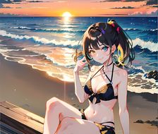 夕阳下，长发飘逸的女孩在海边穿着泳衣享受沐浴，微笑望着你。