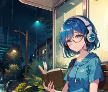 雨夜中的读书少女
