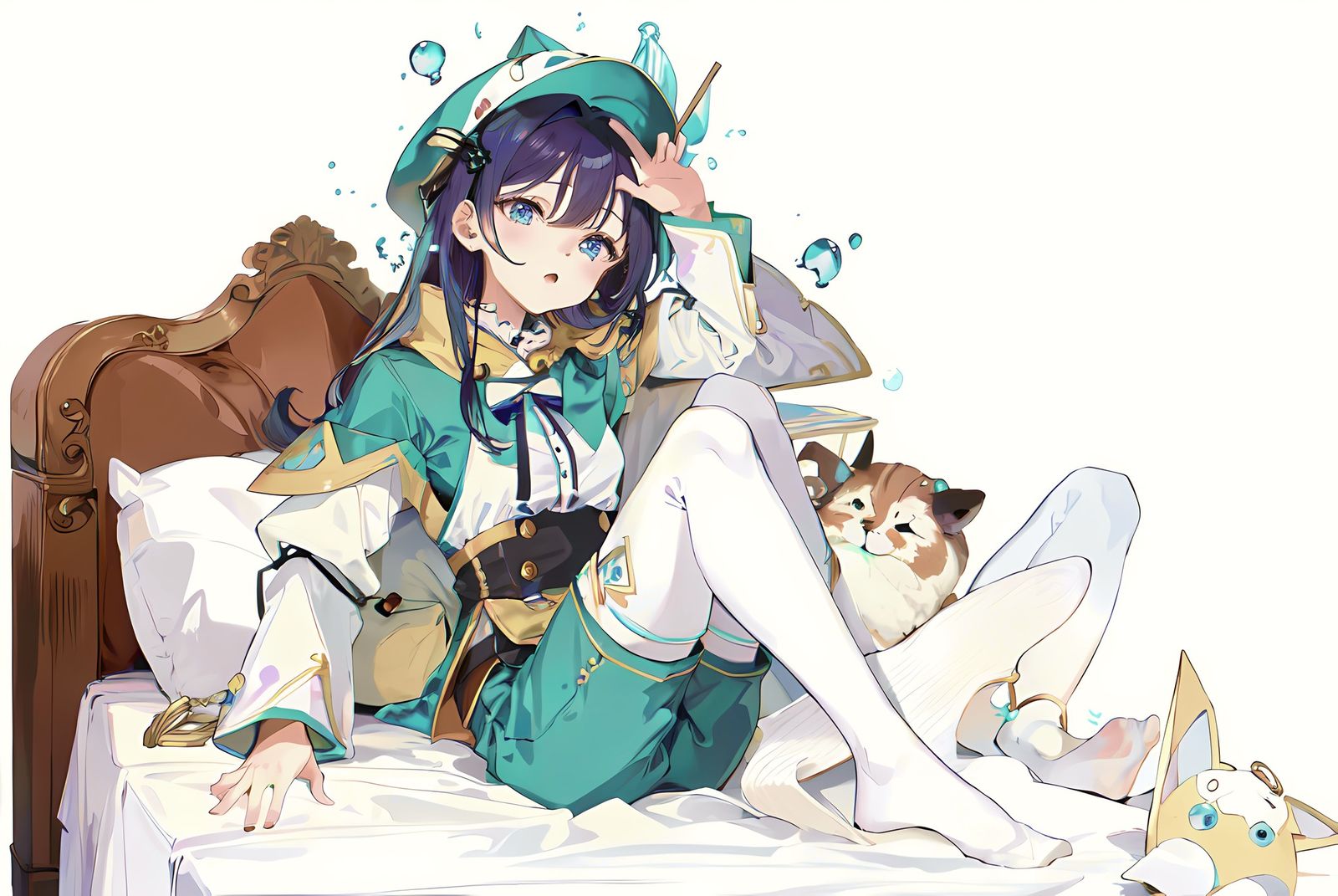 蓝眼妹子戴帽蜷缩在枕头上，充满活力的小动物在身边，白袜与绿色头饰相映成趣。插画图片壁纸