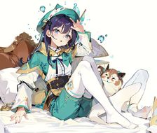 蓝眼妹子戴帽蜷缩在枕头上，充满活力的小动物在身边，白袜与绿色头饰相映成趣。