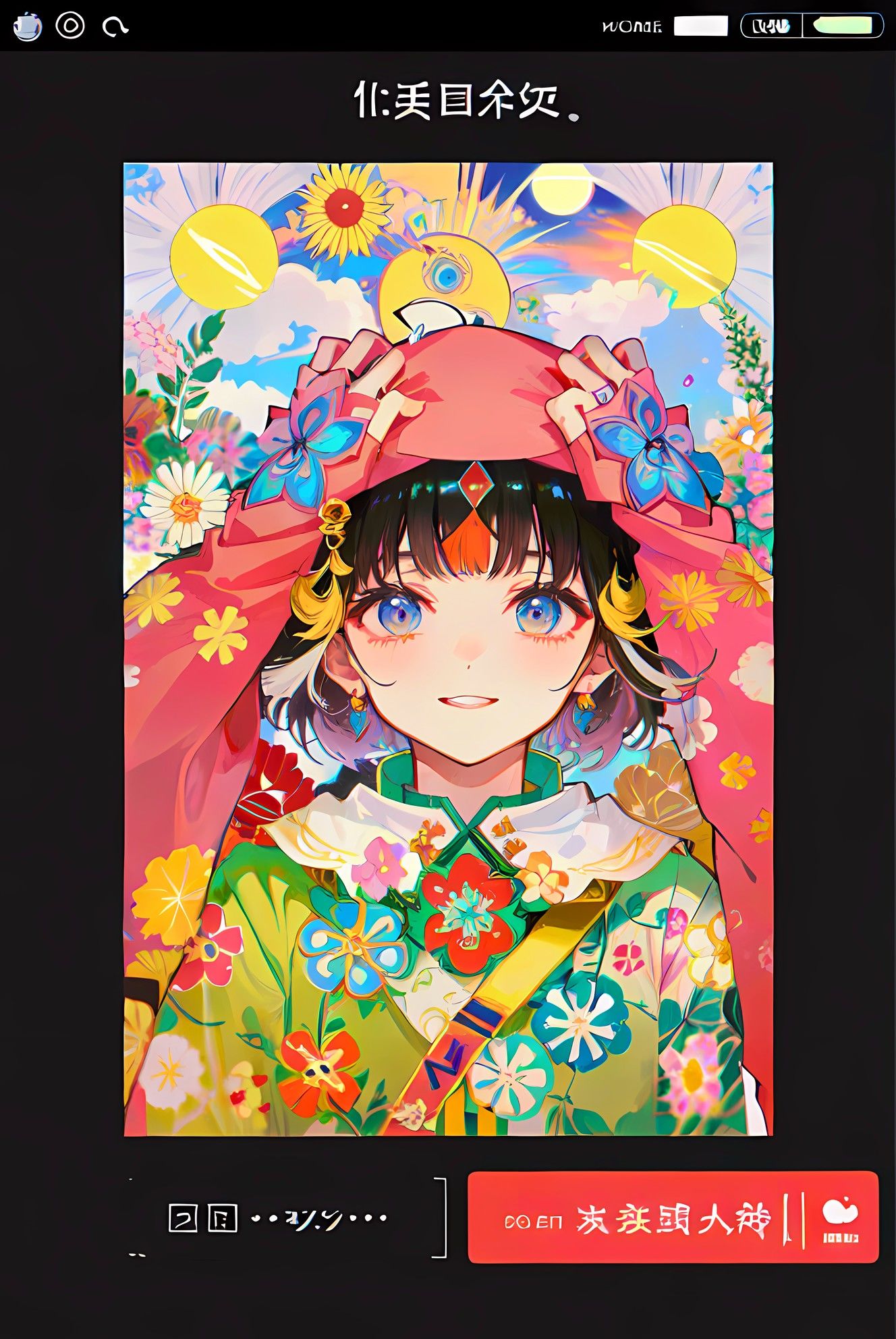 日系印花少女，微笑着穿着和服，夹着太阳花耳环插画图片壁纸
