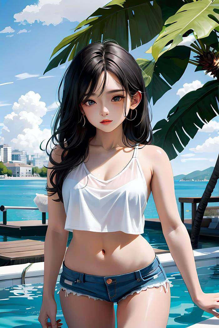 海边美少女的仙境。插画图片壁纸