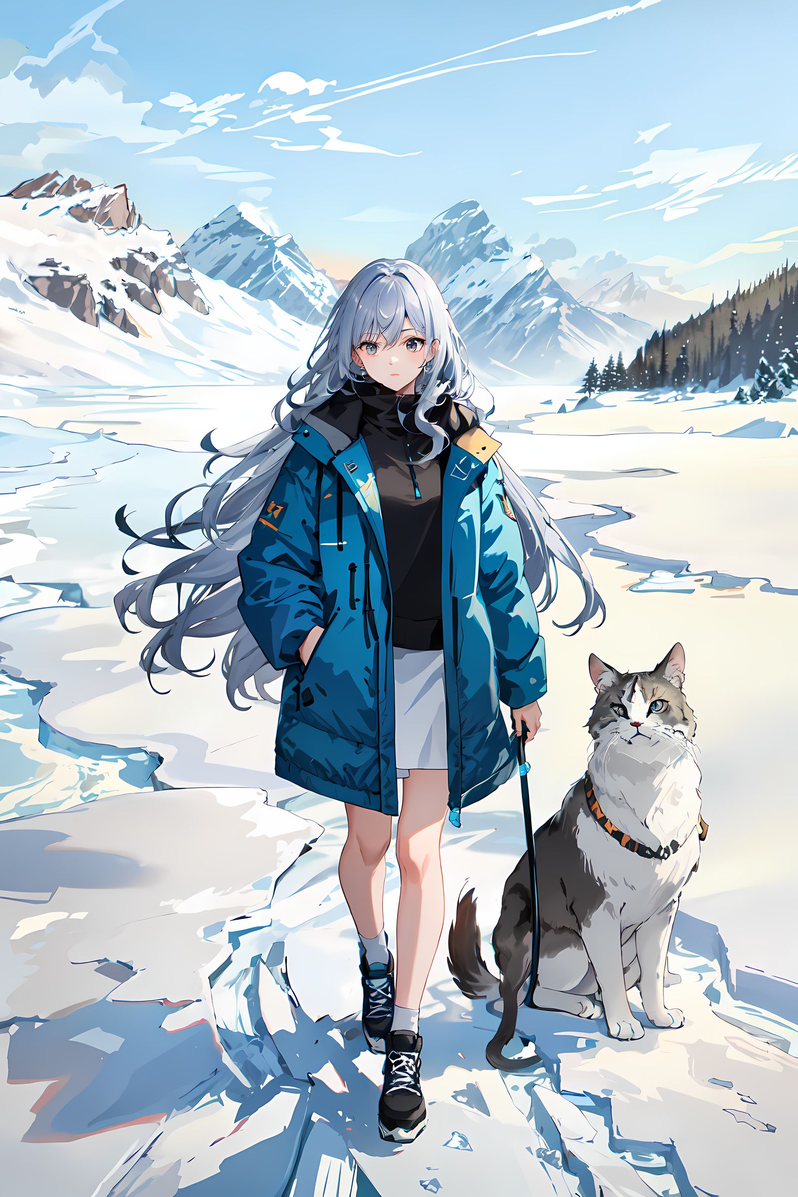白发少女与猫插画图片壁纸