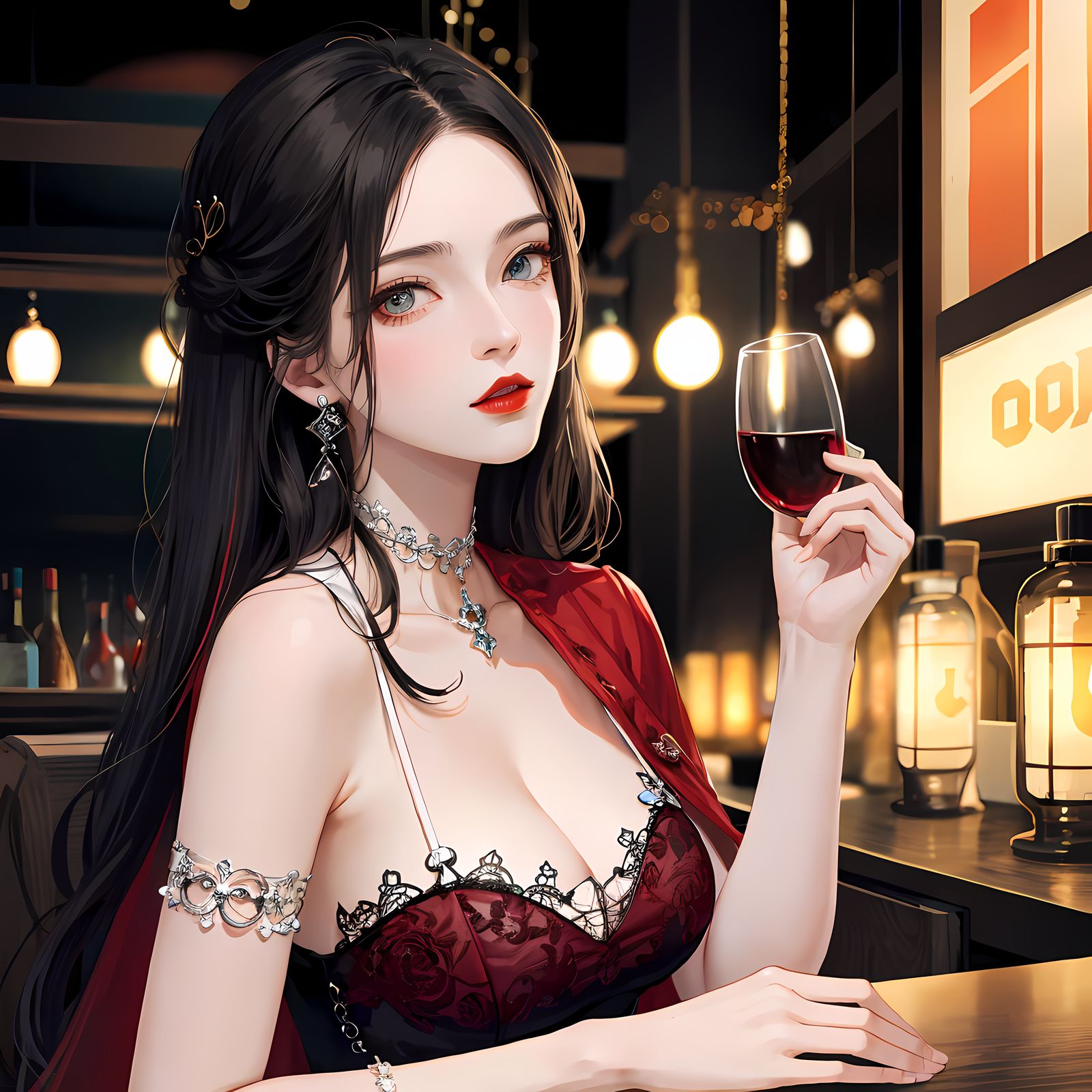 二次元酒吧红衣美女插画图片壁纸