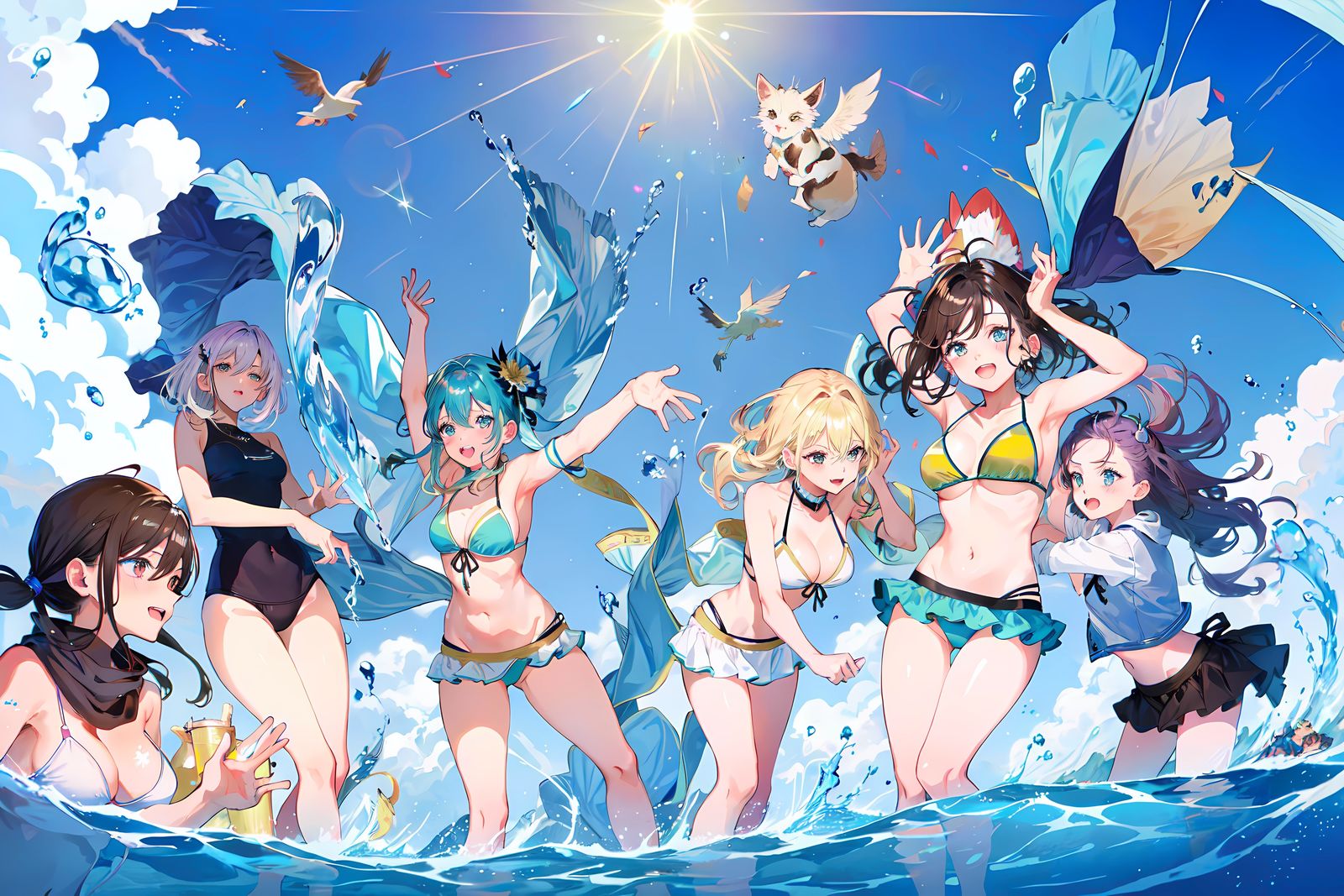 多重美少女，海边狂欢，彩色缤纷