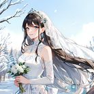 幸福下午蓝天白云，新娘微笑持花独立在荒野