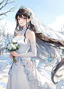 幸福下午蓝天白云，新娘微笑持花独立在荒野插画图片壁纸