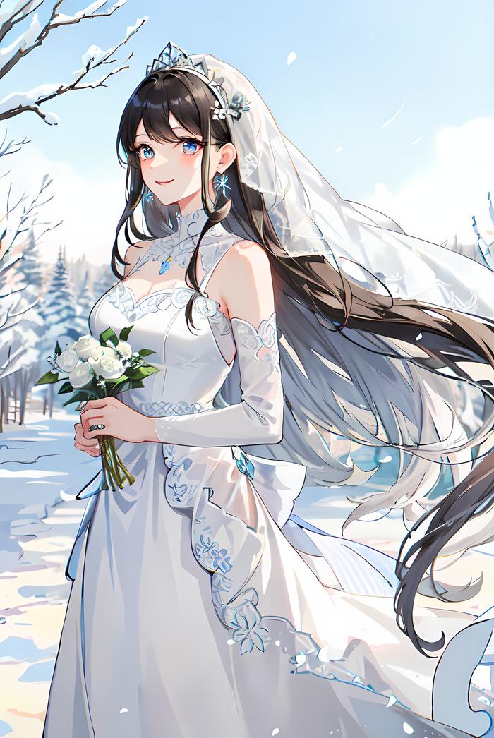 幸福下午蓝天白云，新娘微笑持花独立在荒野插画图片壁纸