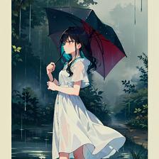 雨中一人持伞，透明、红、黑、蕉叶、藤蔓、水滴交织，惹人想起热带雨林。插画图片壁纸