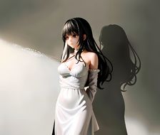 长发美女穿白裙，独立挺立露香肩。