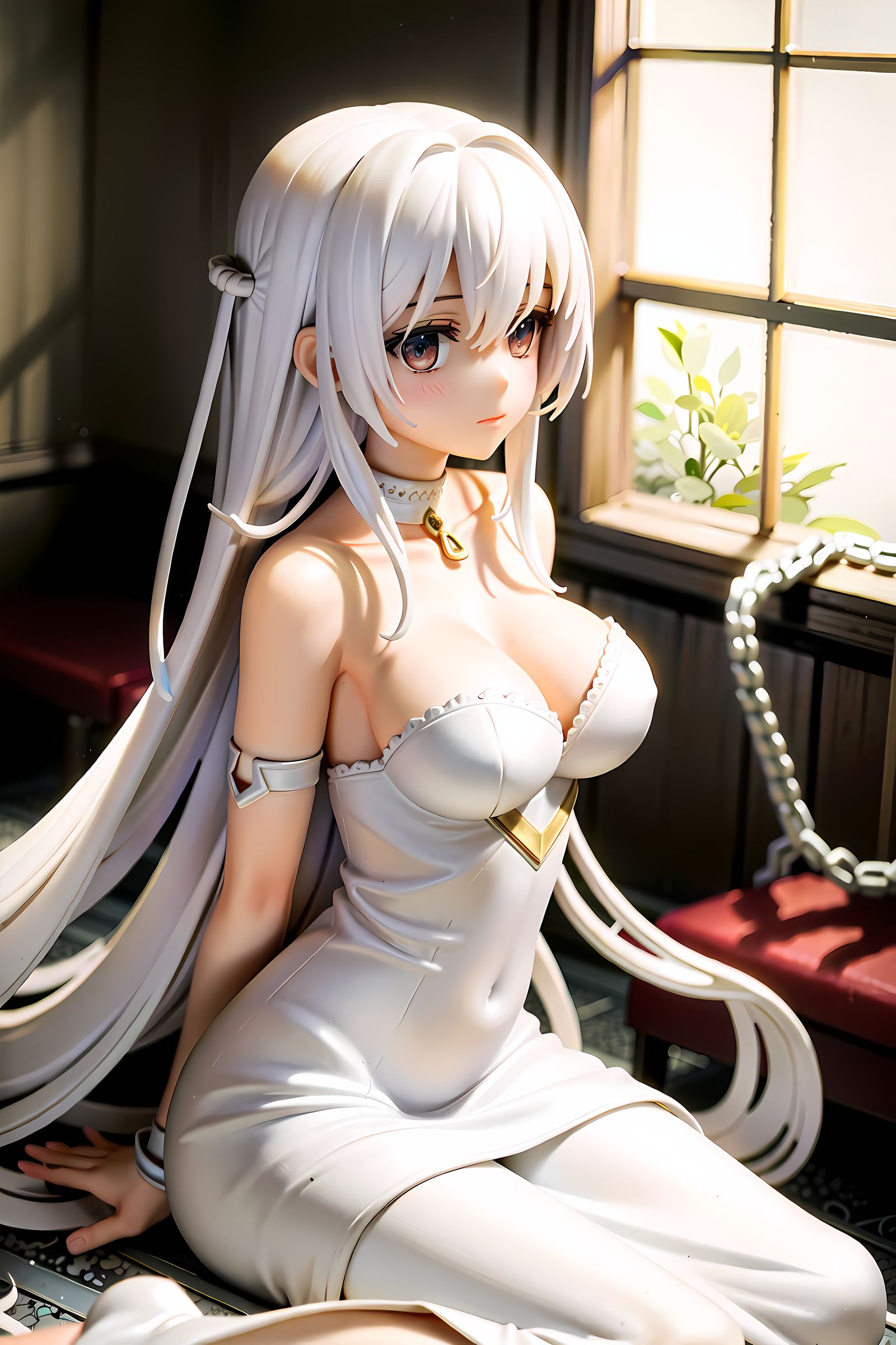 白裙长发仙女凝视窗外插画图片壁纸