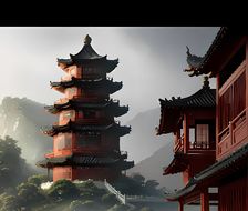 烟雨朦胧-风景东亚建筑