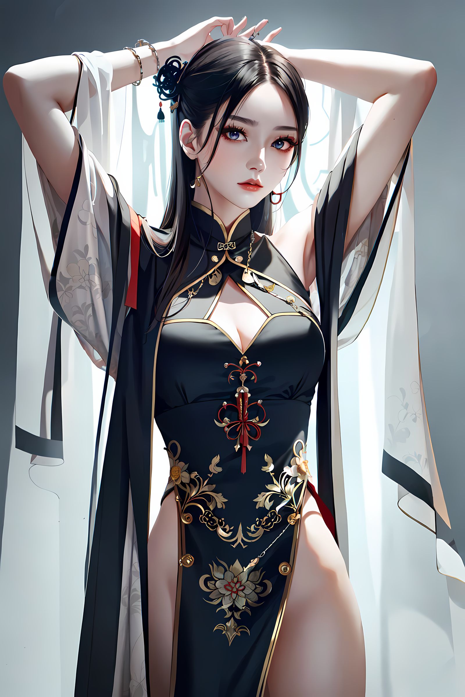 绝美二次元少女：妆容精致、眼神魅惑，妩媚诱人。插画图片壁纸