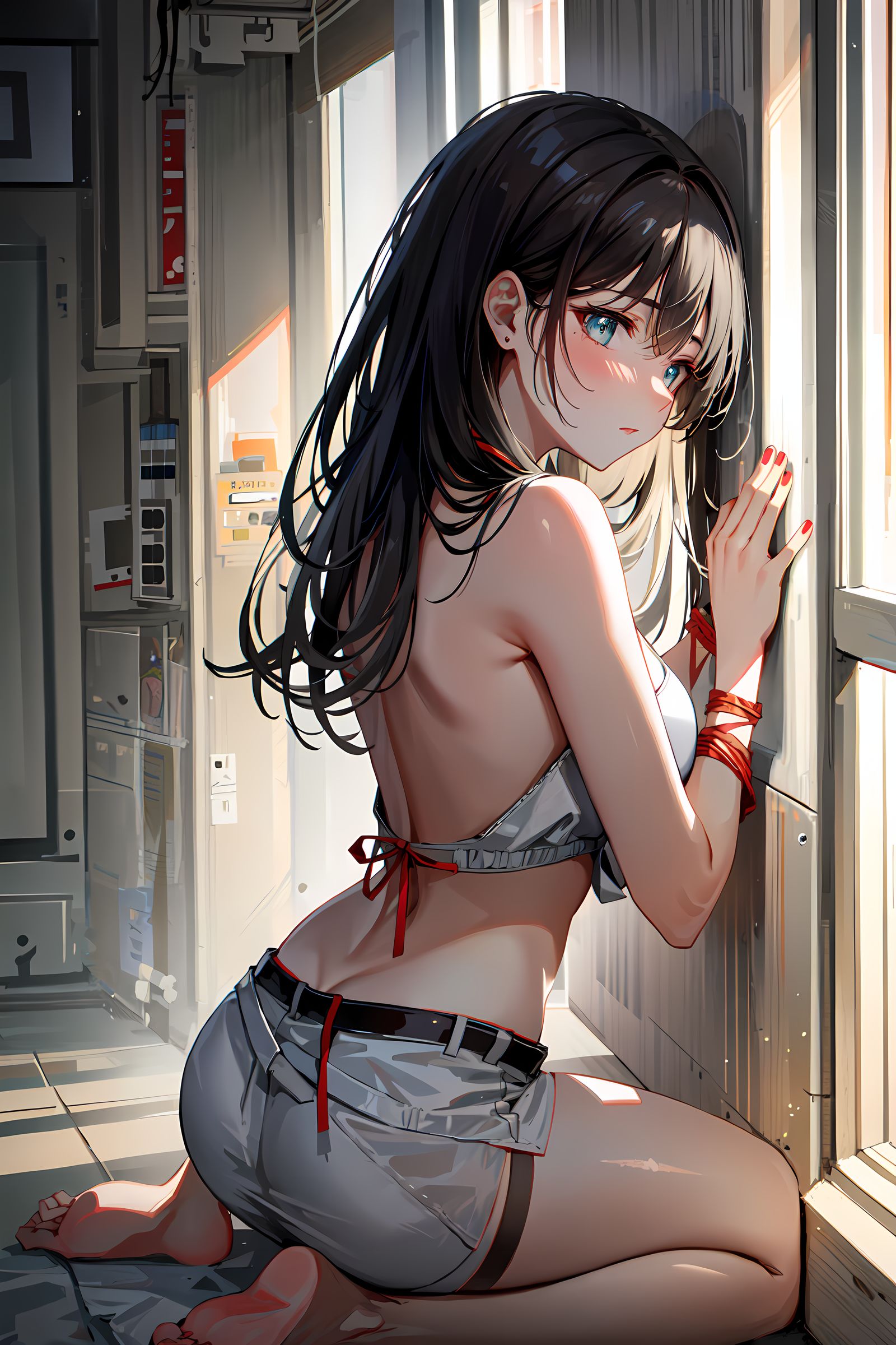 粉色指甲美眉儿靠墙坐，长发飘飘眼神慵懒红唇佳人插画图片壁纸
