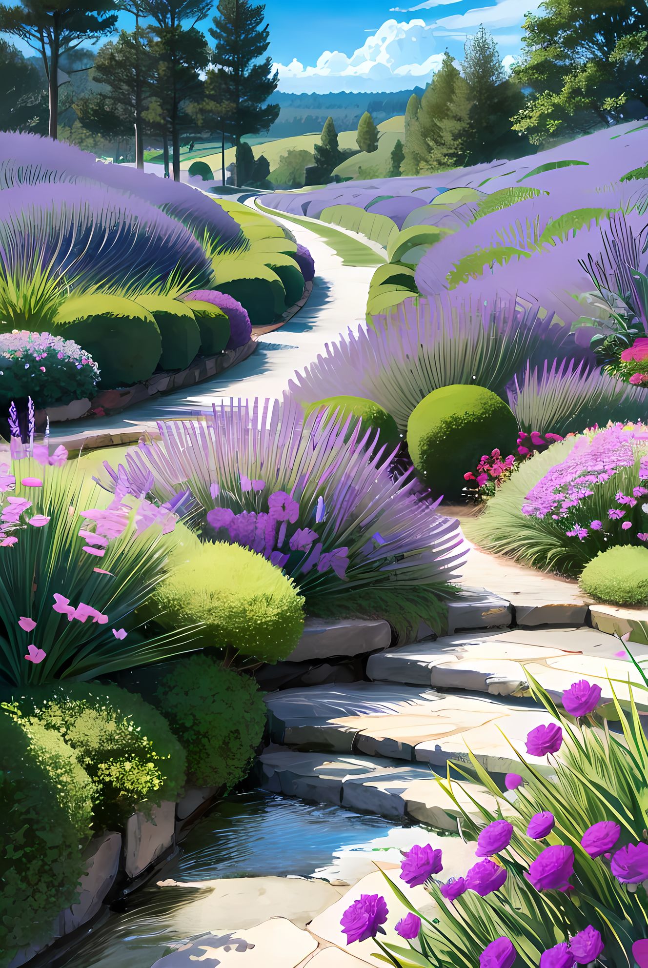 花草树，紫花绣球盛开，天高云淡，自然风景美丽插画图片壁纸