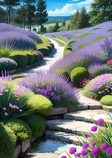 花草树，紫花绣球盛开，天高云淡，自然风景美丽插画图片壁纸