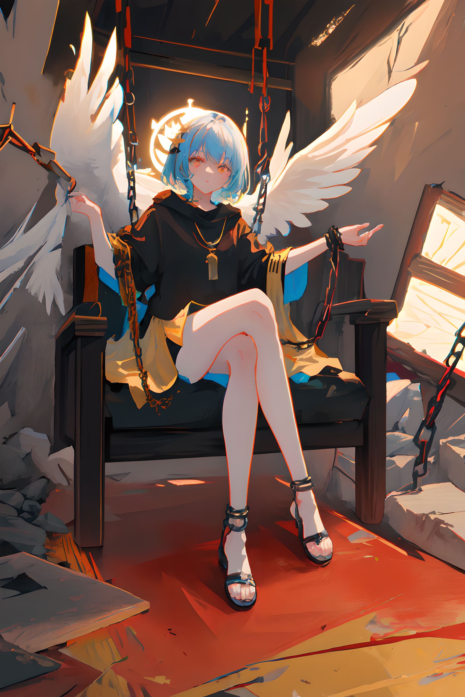 羽翼妹子：天使·镣铐·自由插画图片壁纸