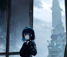 孤独少女雨中窥视城市风光