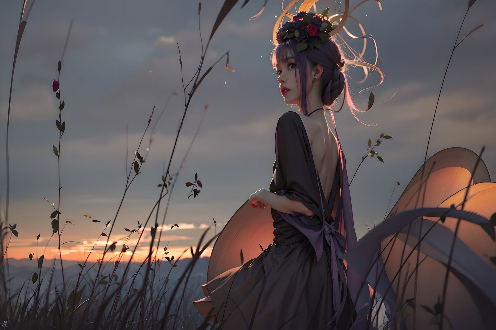 日落之下，女孩独自站在电线杆旁，穿着漂亮的裙子，头戴花饰，身边长满荆棘的树木。插画图片壁纸