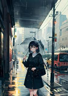 透明伞下，独自一人，眼中倒映城市风光插画图片壁纸
