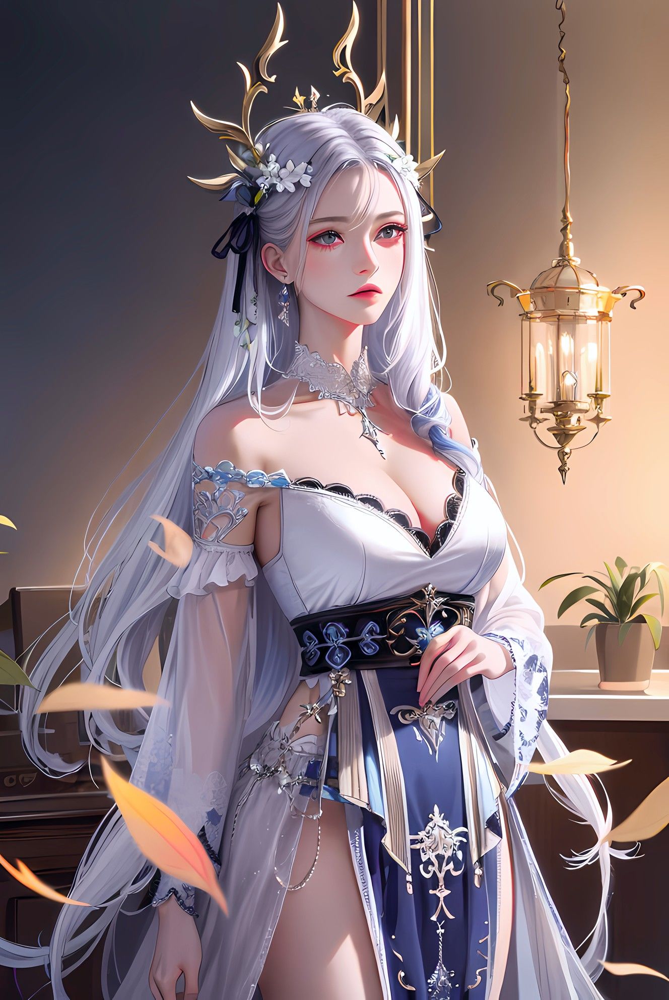 花烛独立，女孩静立，发丝如蛟，娇容又配饰。插画图片壁纸
