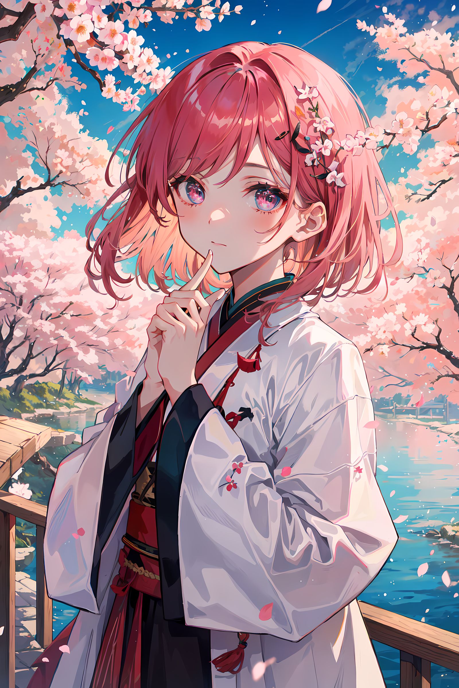 樱花飘落，少女坐在树枝上。插画图片壁纸