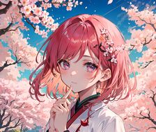 樱花飘落，少女坐在树枝上。