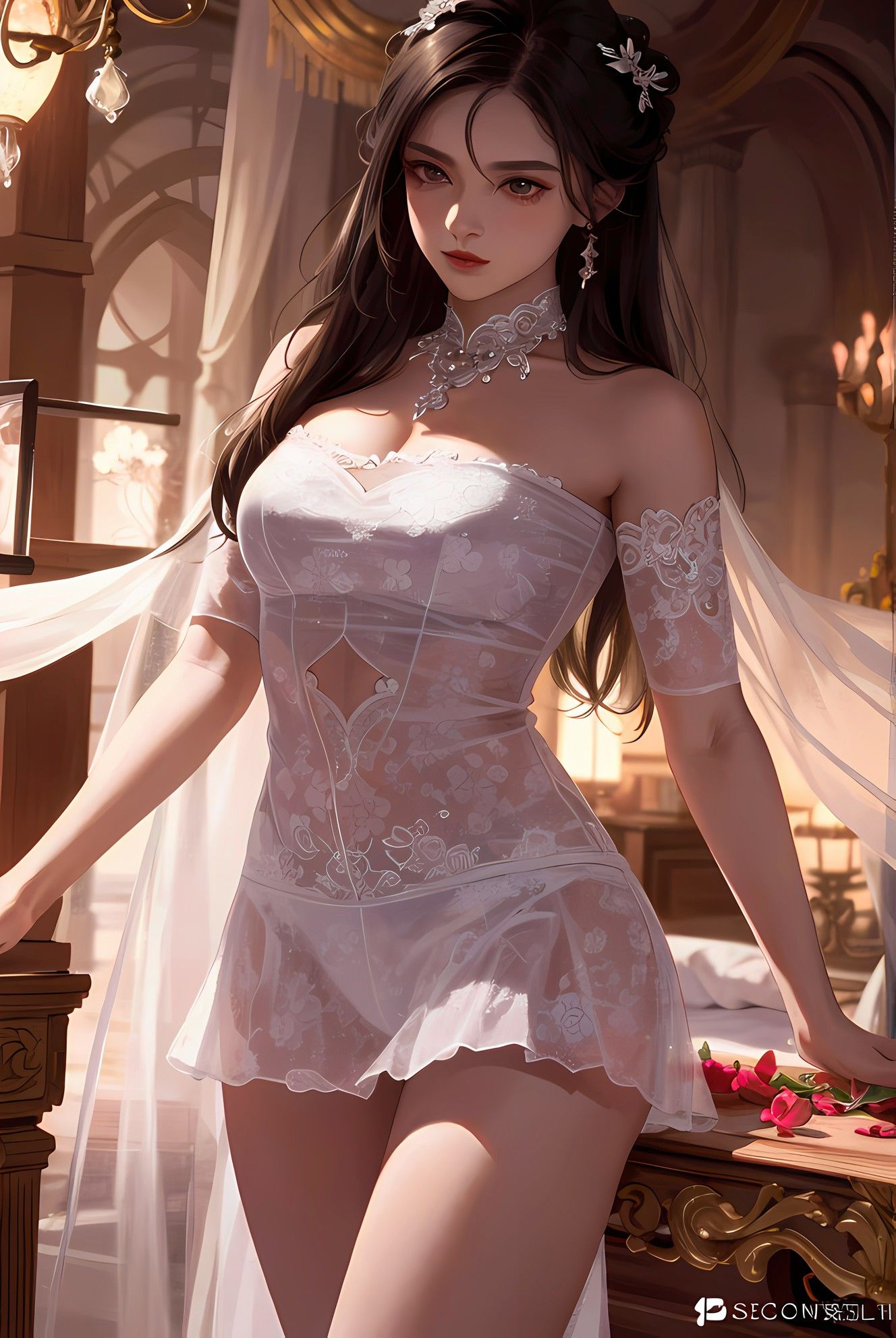 武艺高强的少女在家秀丽发长，穿着透明服装高调亮相，首饰和耳环更添熠熠光彩，令人目不暇接。插画图片壁纸