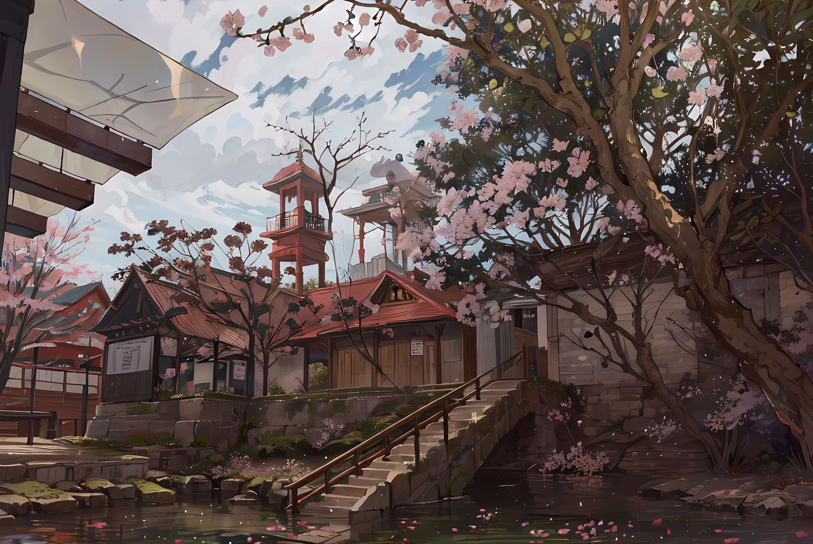 樱花树下，春的白晝。插画图片壁纸